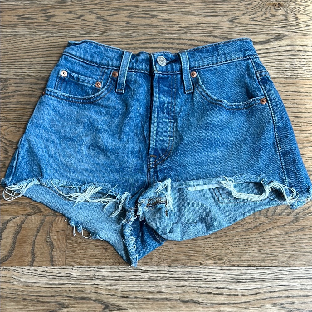 Levis 501 distressed, jean shorts, size 24, excellent condition